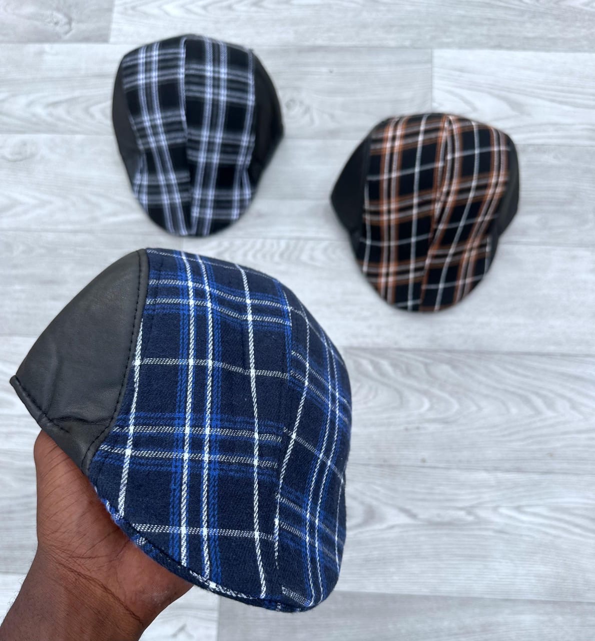 Plaid / Check Flat Cap with Leather Trim