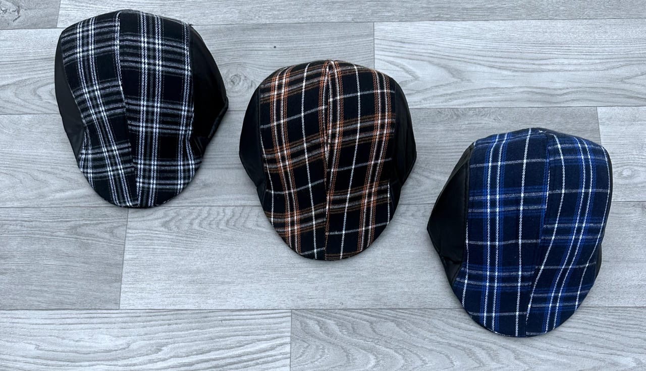 Plaid / Check Flat Cap with Leather Trim