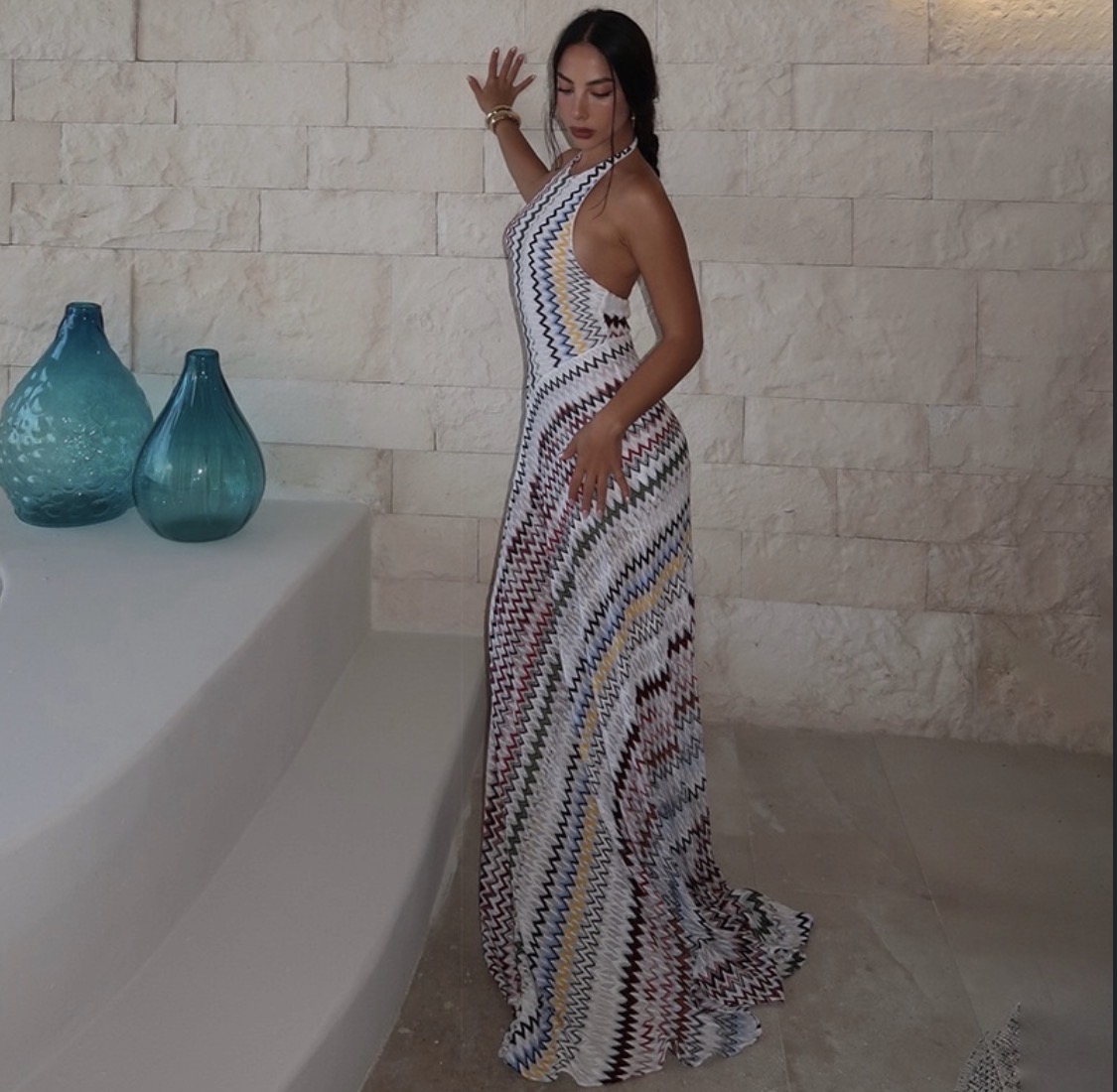 Multicolor zigzag halter dress