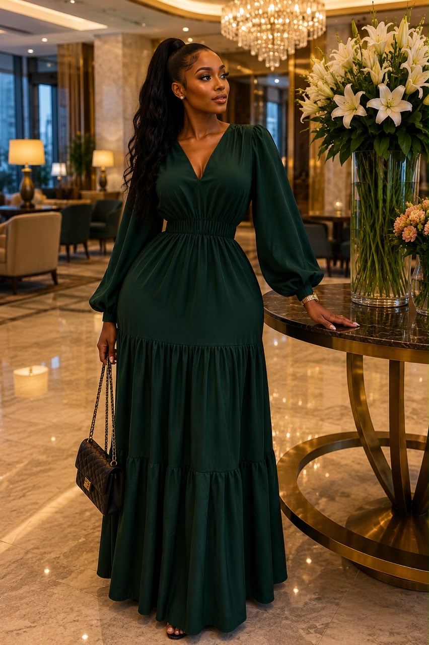 V colla cut long dress