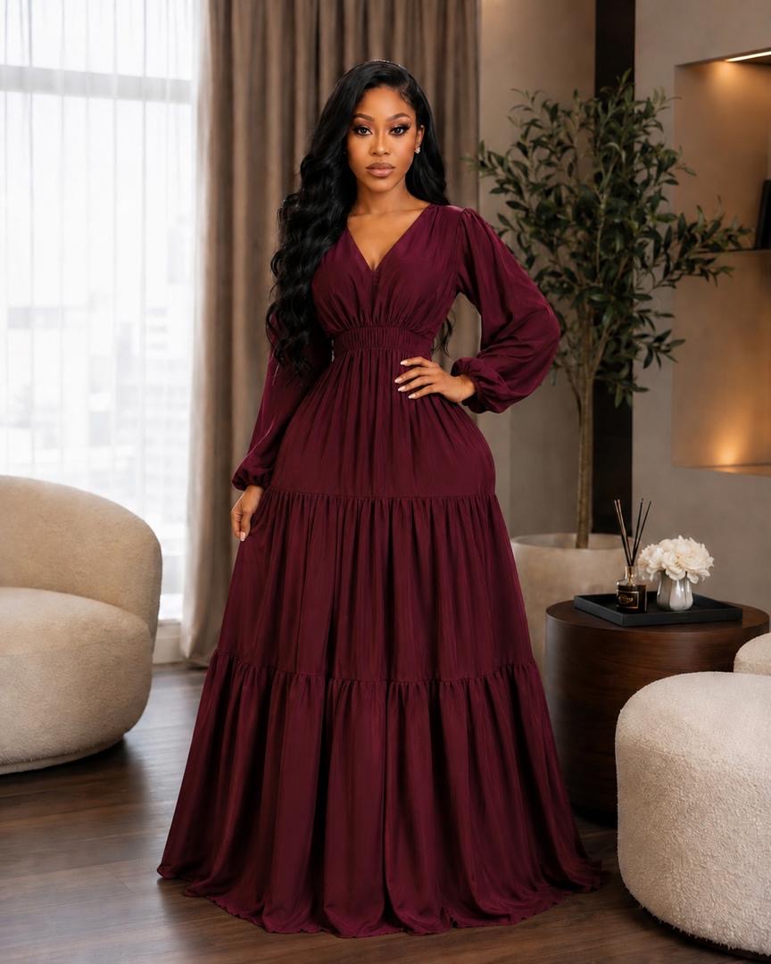 V colla cut long dress